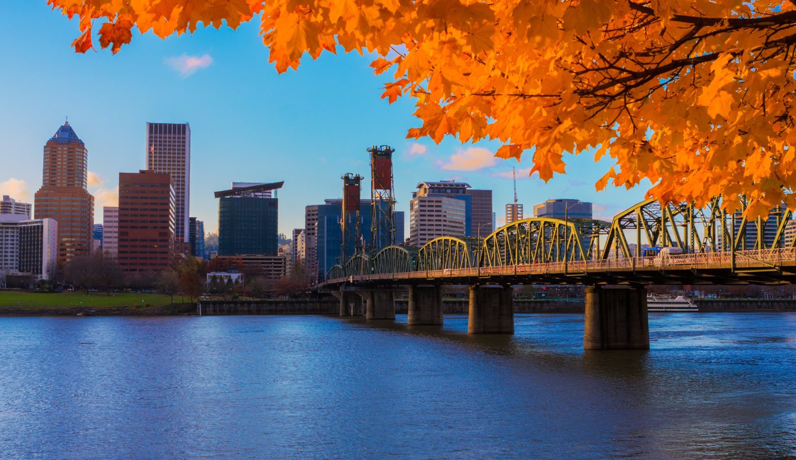 Hawthorne Bridge and downtown Portland in autumn