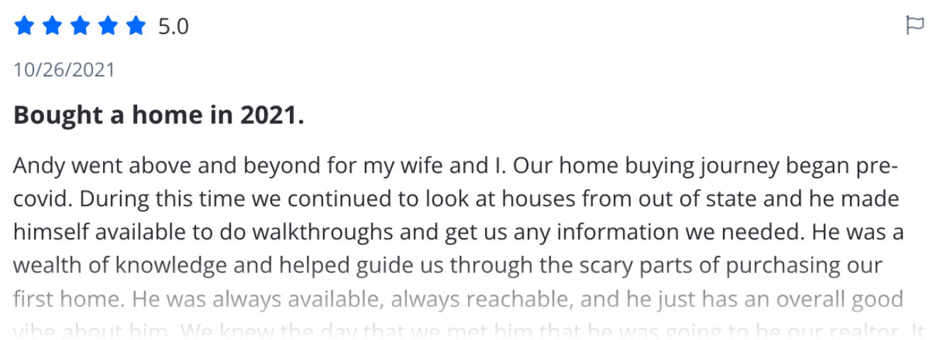 Five-star Zillow review from first-time buyers who shopped from out of state in 2021