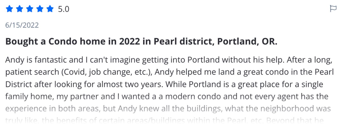 Five-star Zillow review from a buyer who moved into a Pearl District condo in 2022