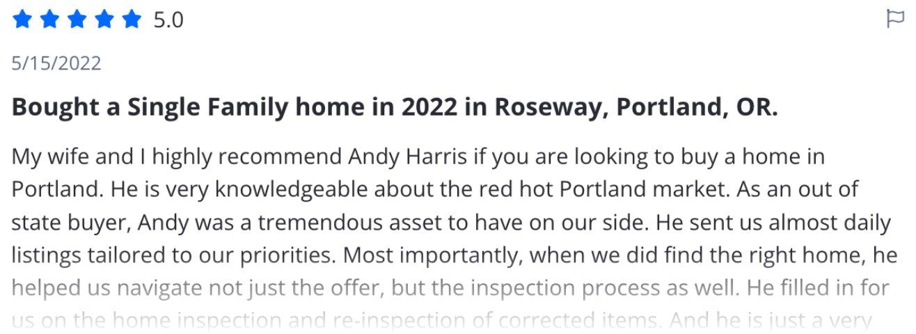 Five-star Zillow review from out-of-state buyers who bought in Roseway in 2022
